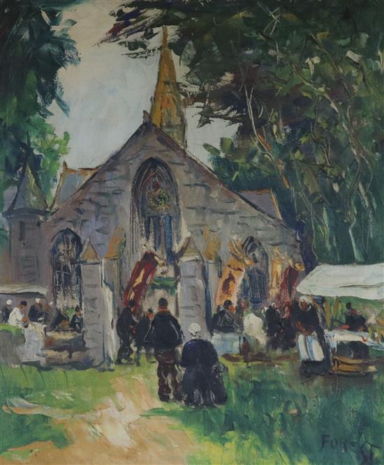 French School, oil on canvas, figures outside a church, signed Forest, 54 x 44cm